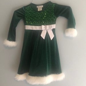 Girls green velour dress with fur accent